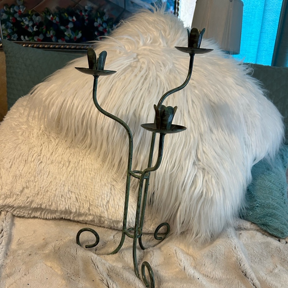 Sage Green Antiqued Three Stick Metal Candle Holder